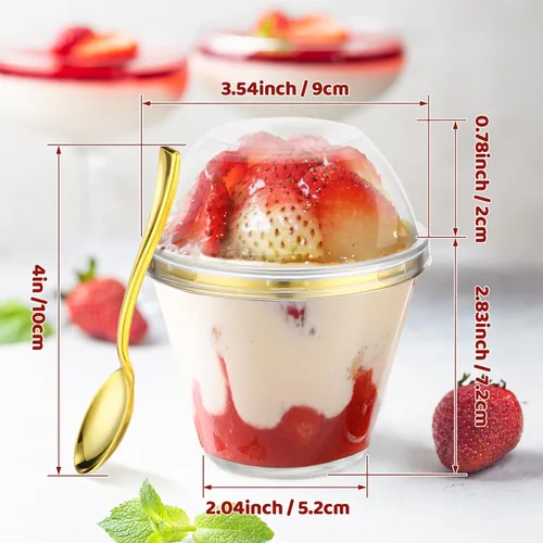 Miniatura 4 de Jinei 50 juegos de tazas de postre de plástico de 9 onzas con tapas de cúpula, cucharas de plástico transparente con borde dorado, vasos de frutas