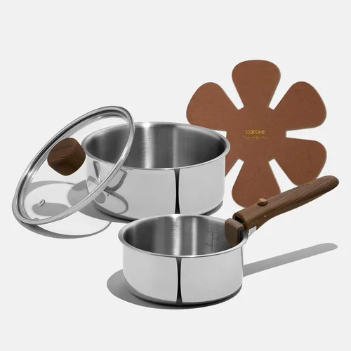 CAROTE Cacerola de acero inoxidable de tres capas con mango desmontable, sartén de 1.5 cuartos, cacerola de 2 y 3 cuartos con tapa, juego de 8 ollas