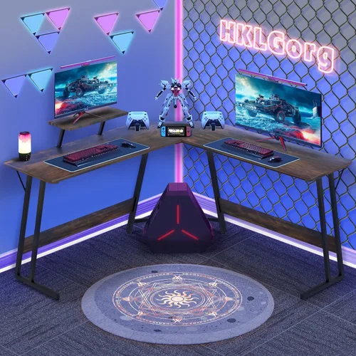 Miniatura 8 de HKLGorg Escritorio en forma de L para computadora de juegos, mesa de esquina para juegos de 50.4 pulgadas con soporte para monitor, superficie