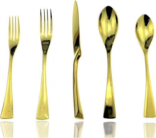 JASHII Juego de cubiertos dorados de pulido de espejo de lujo, juego de cubiertos de 20 piezas, utensilios de acero inoxidable 18/10 para 4, tenedor