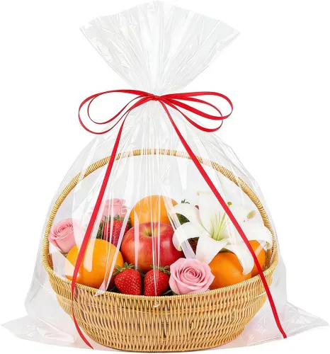 Amsthow Bolsas transparentes de celofán de 20 unidades con lazos, papel de regalo de 12 x 18 pulgadas para canastas, recuerdos, frutas pequeñas,