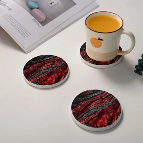 Miniatura 4 de HUXJOKO Juego de 6 posavasos de cerámica absorbente de grano de madera rojo y negro, tapete redondo de piedra, con base de corcho y soporte de metal