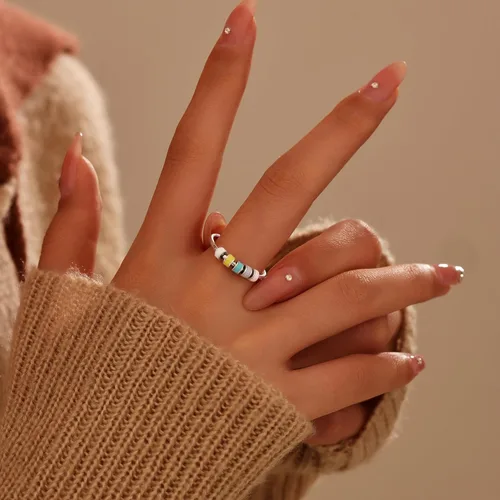 Miniatura 3 de LOVECOM Anillo giratorio de plata de ley 925 con cuentas esmaltadas coloridas para mujer, anillo giratorio antiansiedad, giratorio, apilable
