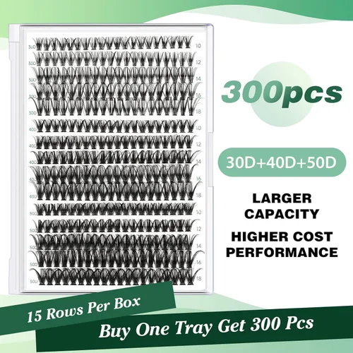 Miniatura 109 de Extensiones de racimos de pestañas 300 piezas, pestañas individuales 40D 0.07D rizado 11mm, para colocar en casa, bandeja grande de volumen