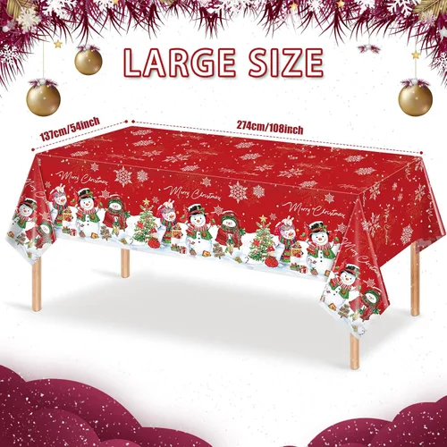 Miniatura 2 de FunnyPars 3 piezas manteles de muñeco de nieve navideños de plástico, cubierta de mesa de invierno con copos de nieve y árbol de Navidad