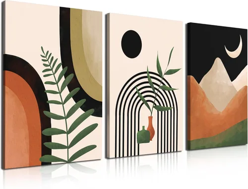 Juego de 3 lienzos bohemios para pared, pintura moderna de mediados de siglo, minimalista, negro, beige, neutro, abstracto, geométrico, decoración