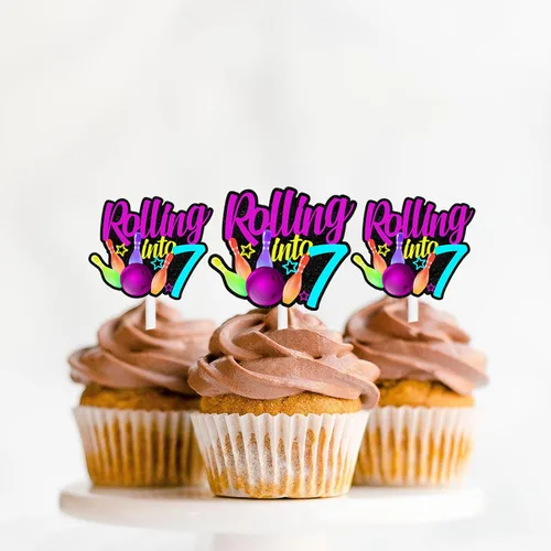 Miniatura 14 de 18 piezas de bola de boliche con purpurina, decoración de postre, magdalenas, boliches, 6 temas, suministros de decoración para niños y niñas