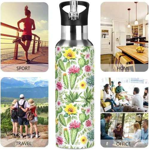 Miniatura 5 de Stainless Steel Vacuum Insulated Water Bottle 20 Oz, Leakproof Water Bottles for Gym Outdoor Travel School, Colorful Watercolor Cacti Succulent