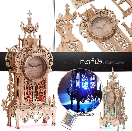Miniatura 3 de FUNPOLA Rompecabezas de madera 3D Reloj de torre LED, rompecabezas 3D edificio de escritorio, modelo de bloques de construcción arquitectónicos