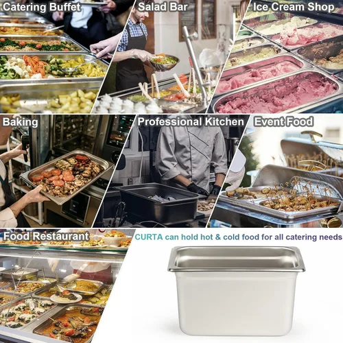 Miniatura 7 de CURTA Paquete de 6 Bandejas Gastronómicas Anti-Atasco para Hotel, Tamaño 1/4 de 6 Pulgadas de Profundidad, Bandeja Comercial NSF de Acero Inoxidable