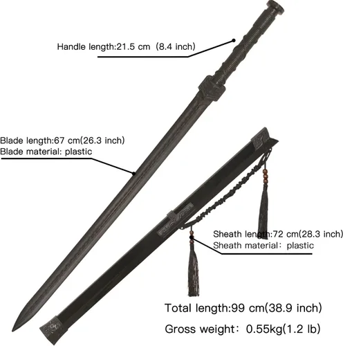 Miniatura 2 de 39" Plastic Martial Arts Polypropylene Training Katana Practice Sword, Black Chinese Tang Dynasty Style Dragon Pattern Decorated Sword with Scabbard
