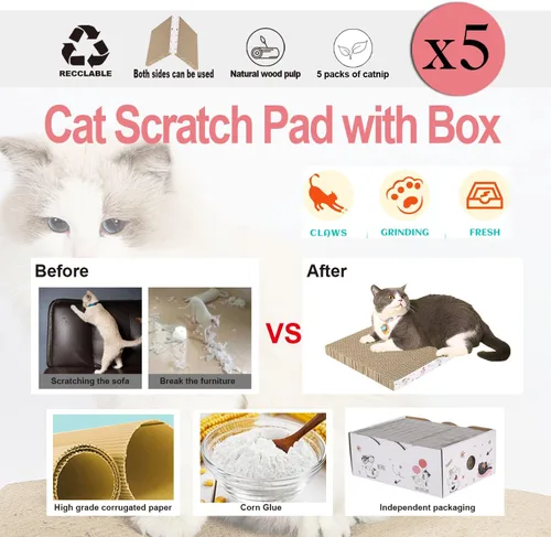 Miniatura 6 de 5 paquetes en 1 almohadilla para arañazos para gatos con caja, cartón rascador para gatos, reversible, cartón duradero reciclable, adecuado para que