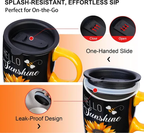 Miniatura 9 de DUSVALLY Taza de viaje de cerámica de 17 onzas con tapa y asa, taza de café de girasol de granja, resistente a derrames, se adapta a la mayoría
