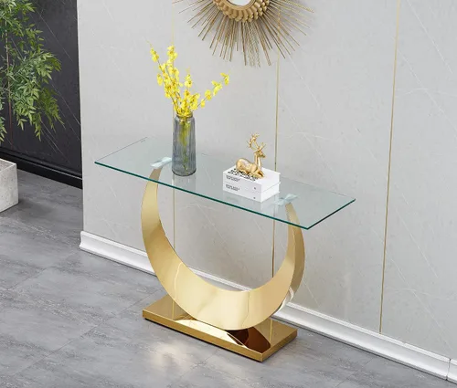 Miniatura 4 de Mesa de centro de cristal de lujo, mesa de centro de sofá de 47 pulgadas con marco de acero inoxidable dorado y parte superior de vidrio negro, mesa