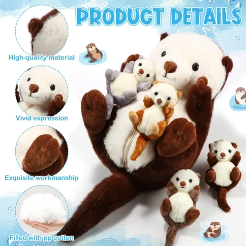 Miniatura 7 de Shappy 5 Piezas Animales de Peluche de Nutria Marina Grande Mamá Nutria Marina de Peluche con 4 Lindos Bebés en su Vientre con Cremallera Peluches