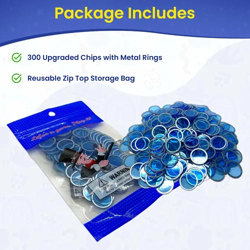 Miniatura 2 de MR CHIPS Chips de bingo magnéticos con anillo de metal de 3/4 pulgadas, 300 piezas mejoradas, azul transparente, disponibles en 7 colores, una bolsa