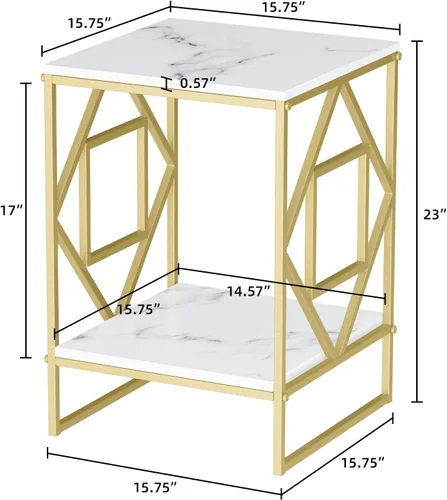 Miniatura 3 de Wisfor Mesa auxiliar de piedra sinterizada: mesa de centro pequeña cuadrada blanca de 2 niveles con marco dorado - Mesa auxiliar moderna de Negro