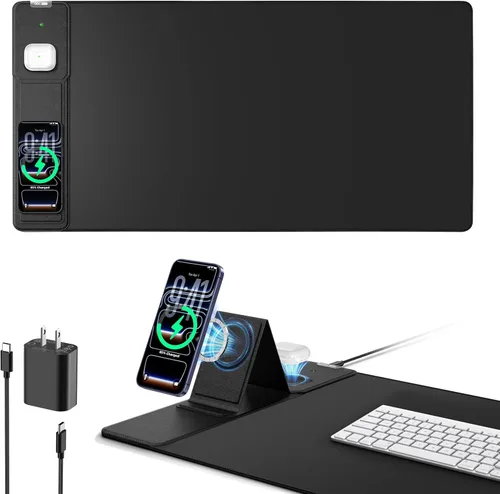 Miniatura 13 de Wireless Charging Mouse Pad with Foldable Phone Holder, 31.5"x15.8" Large Desk Mat for Laptop/Keyboard, Waterproof Ultra-Smooth Surface, Non-Slip