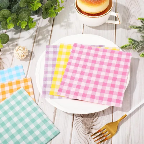 Miniatura 3 de Whaline 120 servilletas de cóctel a cuadros de primavera, 6 colores pastel arco iris, servilletas de papel a cuadros, desechables para primavera