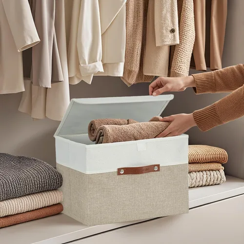Miniatura 4 de DECOMOMO - Cubos plegables de almacenamiento con tapas, canastas resistentes de tela catiónica, cubos con asas, para organización de estantes, Beige
