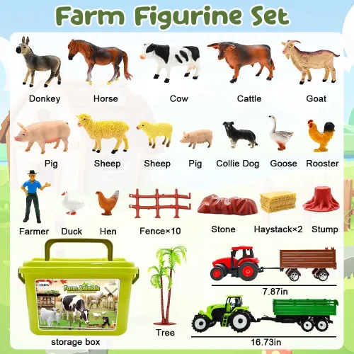 Miniatura 2 de BOLZRA Juguete de figuras de animales de granja, juego de 2 camiones de granja de plástico realista con remolque, caja de almacenamiento de valla
