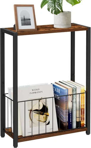 Miniatura 14 de Homleke Juego de 2 mesas laterales estrechas con soporte para revistas, mesas auxiliares delgadas perfectas para espacios pequeños, diseño que Negro