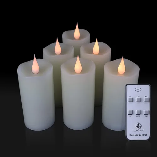 TECHLONG Velas parpadeantes sin llama con llama móvil 3D, paquete de 6 velas a pilas con temporizador remoto, 2 x 4 pulgadas, vela LED eléctrica de