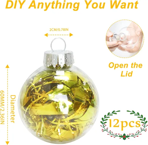 Miniatura 6 de 12 piezas de 60 mm Adornos de bolas de Navidad transparentes de plástico, 2.36'' redondas, de plástico transparente rellenables, DIY