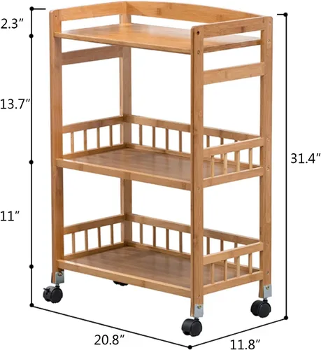 Miniatura 4 de Carrito de almacenamiento de bambú de 3 niveles, carrito utilitario de cocina con ruedas con estante de almacenamiento, carrito rodante con estantes