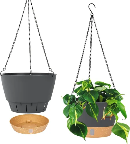 QCQHDU Paquete de 2 macetas colgantes de 10 pulgadas para plantas de interior y exterior, cestas colgantes macetas de flores con bandeja de depósito
