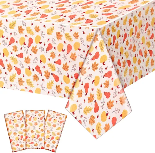 Miniatura 11 de Newwiee Paquete de 3 manteles de Acción de Gracias de 108 x 54 pulgadas, manteles de plástico desechables de otoño, mantel rectangular impermeable