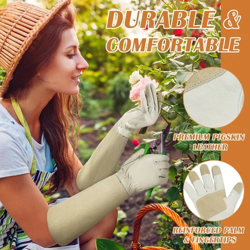 Miniatura 2 de HANDLANDY Guantes de poda largos para hombres y mujeres, de piel de cerdo, guantes de jardinería de rosas, guantes transpirables y duraderos Beige