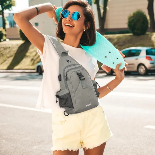 Miniatura 7 de G4Free - Mochila de lona con asa cruzada y puerto de carga USB con bloqueo RFID, mochila de pecho para senderismo, mochila de día para hombres y Gris