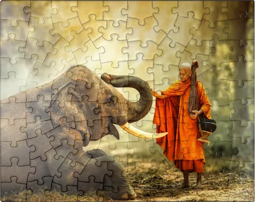 MyPuzzle Monk Hiking with The Fancy Elephant in The Forest - Rompecabezas prémium de 100 piezas para adultos