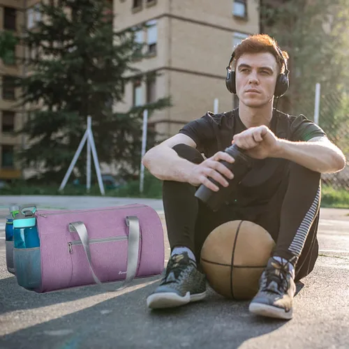 Miniatura 7 de Bolsa de gimnasio deportiva con bolsillo húmedo y compartimento para zapatos, bolsa de entrenamiento para hombres y mujeres, 4-Morado