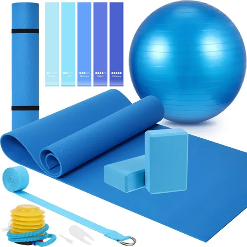 El kit de iniciación de yoga de 10 piezas incluye esterilla de yoga con correa de transporte, 2 bloques de yoga, correa de yoga, pelota de pilates,