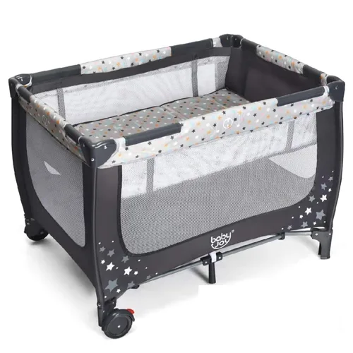 Miniatura 12 de BABY JOY 3 en 1 Pack and Play, Corralito Portátil para Bebé con Moisés, Mesa Cambiadora, Ruedas Bloqueables, Caja de Música Luminosa, Cuna Moisés