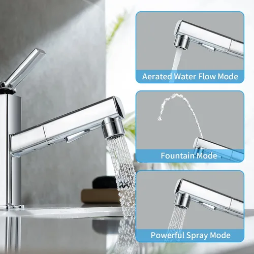 Miniatura 3 de HANLIAN Grifo extraíble de baño de un solo orificio con boquilla giratoria, grifo de una manija para lavabo de baño, grifo de baño moderno con Cromo