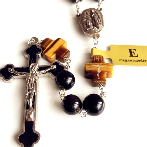 Miniatura 5 de elegantmedical Hecho a mano católico negro 0.394 in oro obsidiana cuentas Lourdes medalla de agua rosario cruz collar caja para hombre mujer regalo
