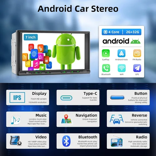 Miniatura 3 de Estéreo de coche Android, doble DIN, inalámbrico, CarPlay y Android Auto, de 18 cm, radio de coche con pantalla táctil con pantalla dividida, WiFi