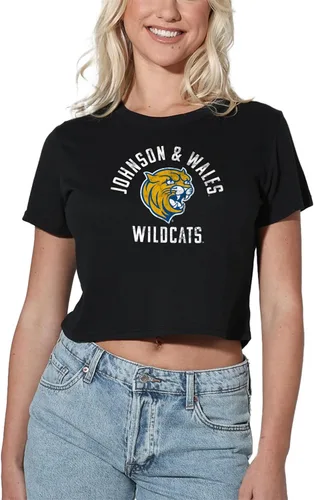Colección oficial de camisetas cortas con logotipo desgastado grande universitario para mujer, color negro Johnson & Gales Wildcats