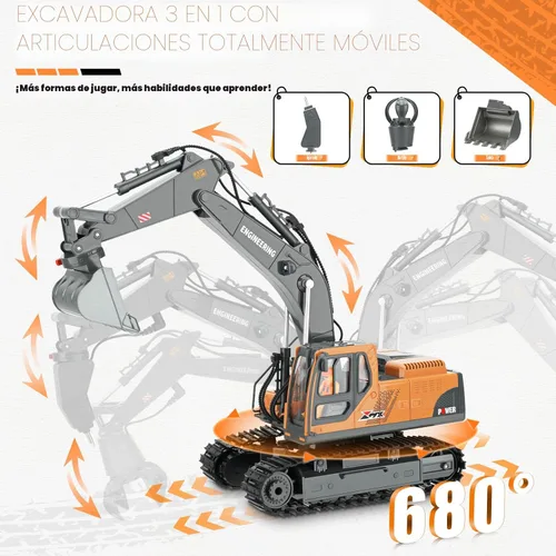 Miniatura 2 de Juguete de excavadora RC para niños 3-12, cubo 3 en 1, garra/taladro, camión de construcción de 2.4 GHz de 14 canales con rotación de 680°, batería