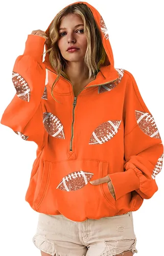 Miniatura 11 de SeekMe Sudaderas con capucha de lentejuelas para mujer, para el día del partido, suéteres de manga larga con cremallera y bolsillo
