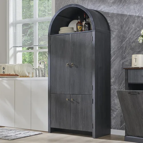Miniatura 7 de IFGET Despensa de cocina arqueada de 71 pulgadas de alto, moderno armario de almacenamiento de madera estriada con puertas, 3 estantes ajustables, 6
