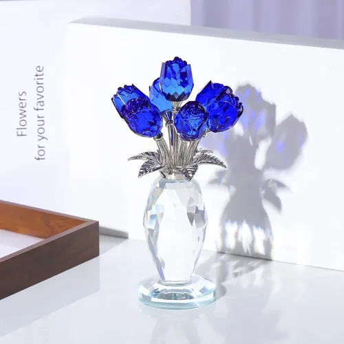 Miniatura 6 de YWHL Figura de ramo de rosas azules de cristal con jarrón, hecha a mano para mujeres en el día de la madre, flores de cristal con tallo decoración