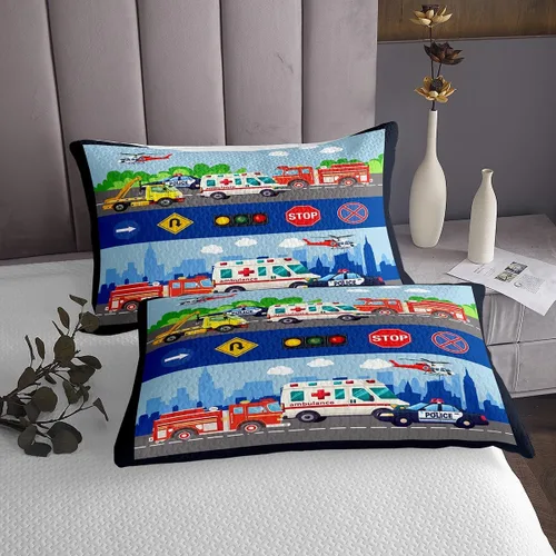 Miniatura 4 de Colcha de vehículos de rescate para niños, tamaño individual, juego de colcha de ambulancia de coche de policía y camión de bomberos, decoración