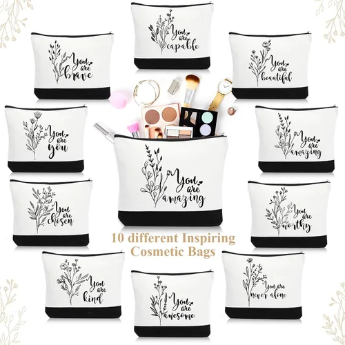 Miniatura 5 de Coume 10 Piezas Bolsas de Maquillaje de Lona de Flores Bohemias al Por Mayor, Bolsas de Cosméticos con Citas Inspiradoras Estéticas en Blanco
