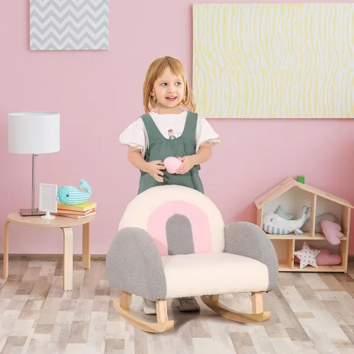 Miniatura 2 de Qaba Sofá para niños, mecedora para niños pequeños con marco de madera maciza, tela de vellón de cordero sintético, sillón para niños para guardería