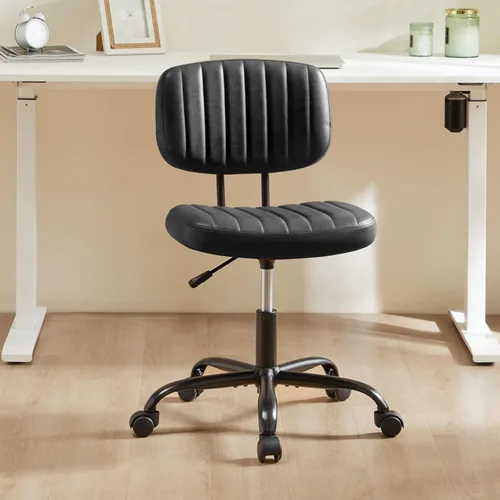 Miniatura 7 de Sweetcrispy Silla pequeña de escritorio de oficina, piel sintética sin brazos con cómodo soporte lumbar, altura ajustable para no tener brazos