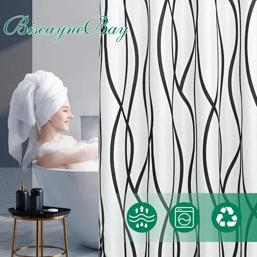 Miniatura 3 de Biscaynebay - Cortina de ducha de tela texturizada de 72 x 72 pulgadas, cortinas de baño modernas de lino con rayas impresas de lujo de hotel